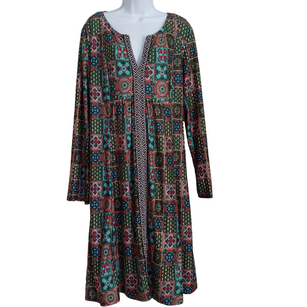 Reborn Midi Colorful Long Sleeve Pattern Boho Soft Dress 2X